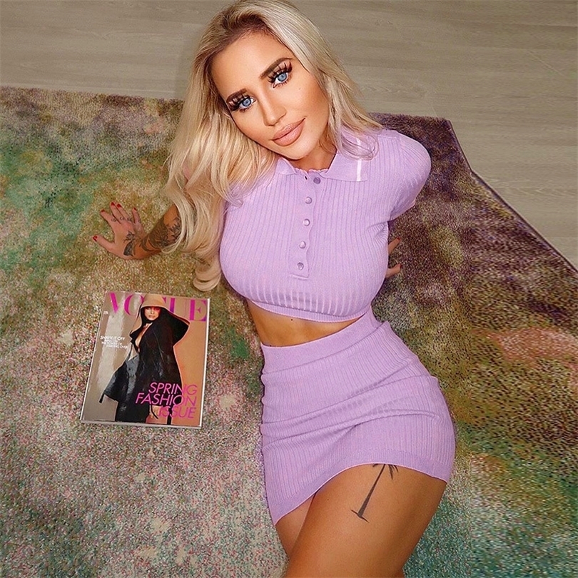 2 Piece Women Set Knit Crop Top V Neck Short Sleeve Tops And Mini Bodycon Skirt Set Casual Women Outfit Sexy Clothes For Women