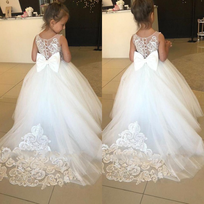 2022 Cute White Lace Little Kids Flower Girl Dresses Princess Jewel Neck Tulle Applique Puffy Floral Formal Wears Party Communion Pageant Gown Bc9309