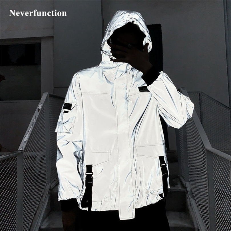 Men Night reflective gray Hooded Windbreaker Jacket male Streetwear Multi-pocket Ribbon Loose Casual Jackets Coats 201127