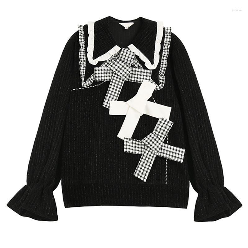 Women' Sweaters Sweater Retro French Style Ruffled Doll Collar Black Double Bowknot Trumpet Sleeve Tops Sweatshirts Women
Women' Sweaters Sweater Retro French Style Ruffled Doll Collar Black Double Bowknot Trumpet Sleeve Tops Sweatshirts Women