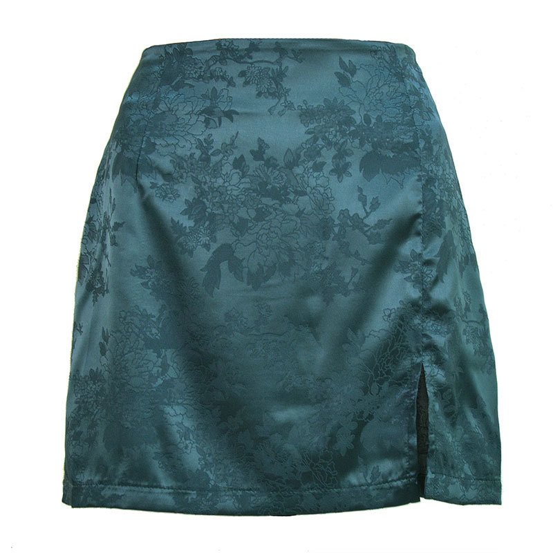 Women Summer Elegant Jacquard Satin Skirt Sexy High Waist Mini Skirt Vintage Zipper Pencil skirt with side Slit Y2K 2000s 90s 220701