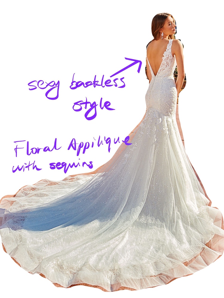 Sexy Mermaid Bridal Gowns Wedding Dresses Floral Applique with Sequins Court Train