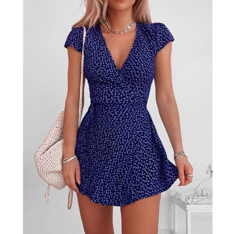 Floral Print Mini Dress for Women Short Sleeve Sexy V-neck Dresses Ladies High Waist Fashion Vestido Summer High Street 220510
