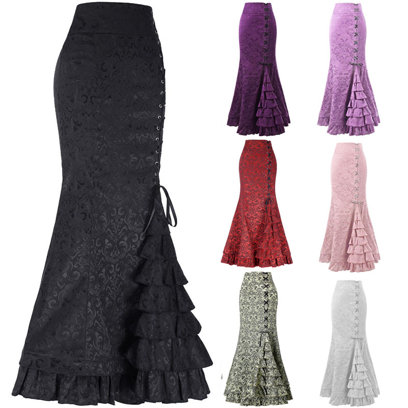Women Steampunk Trumpet Mermaid Skirts Layered Long Gothic Floral Brocade Jacquard Criss-cross Lacing Fishtail Maxi Skirt Multicolors