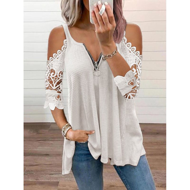 Summer Clothes for Women Sexy Off Shoulder Lace Tunic Tops Casual Elegant Half Sleeve V Neck Zipper Oversized Tees T-shirt 220321