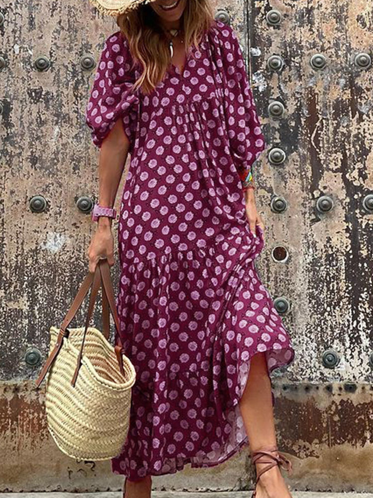 Boho Maxi Dress Women Floral Print Summer Holiday Beach Dress Female Short Puff Sleeve Loose Sundress Green Vestidos Mujer 220510