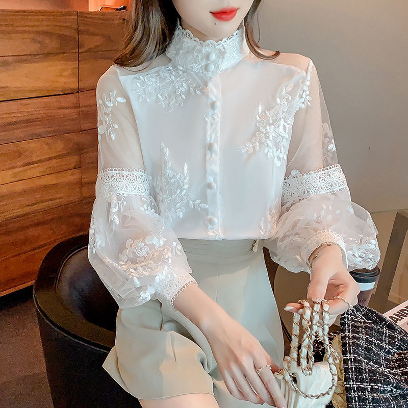 Elegant Sweet Lace Patchwork Solid Chiffon Shirts Spring Summer Stand Collar Long Lantern Sleeve Cardigan Women s Clothing 220810