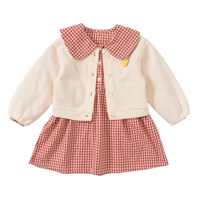 Clothing Sets Girls' Suits Skirts Autumn Clothes Western Style Knitted Jackets Doll Collar Plaid Dresses Two-piece Suit
