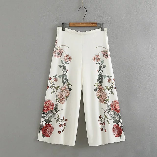 New fashion womens loose capris pants flowers print white color high waist wide leg ninth trousers plus size SML