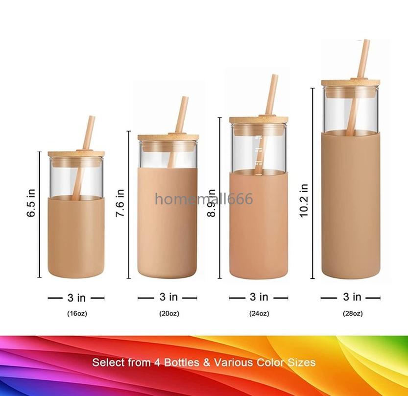 16oz 20oz 24oz 28oz Glass Tumbler Glass Water Bottle Straw Silicone Protective Sleeve Bamboo Lid - BPA Free AA