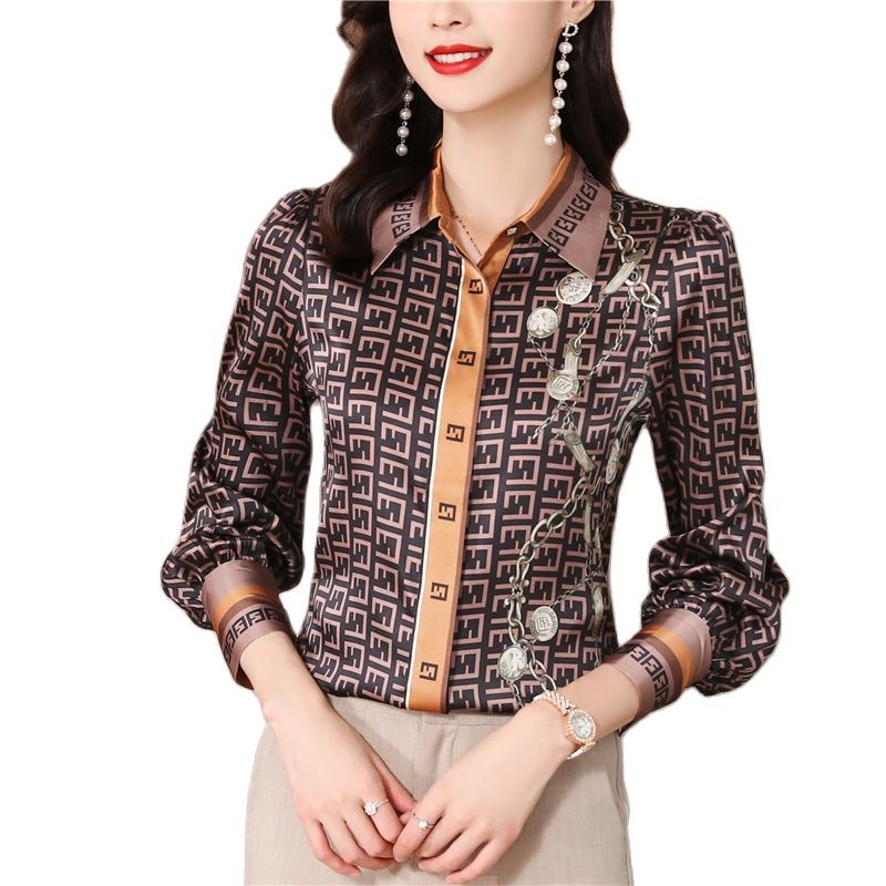 Fashion Silk Print Brown Shirt Women Long Sleeve Lapel Button Designer Blouses Spring Autumn Office Ladies Shirts Runway Woma