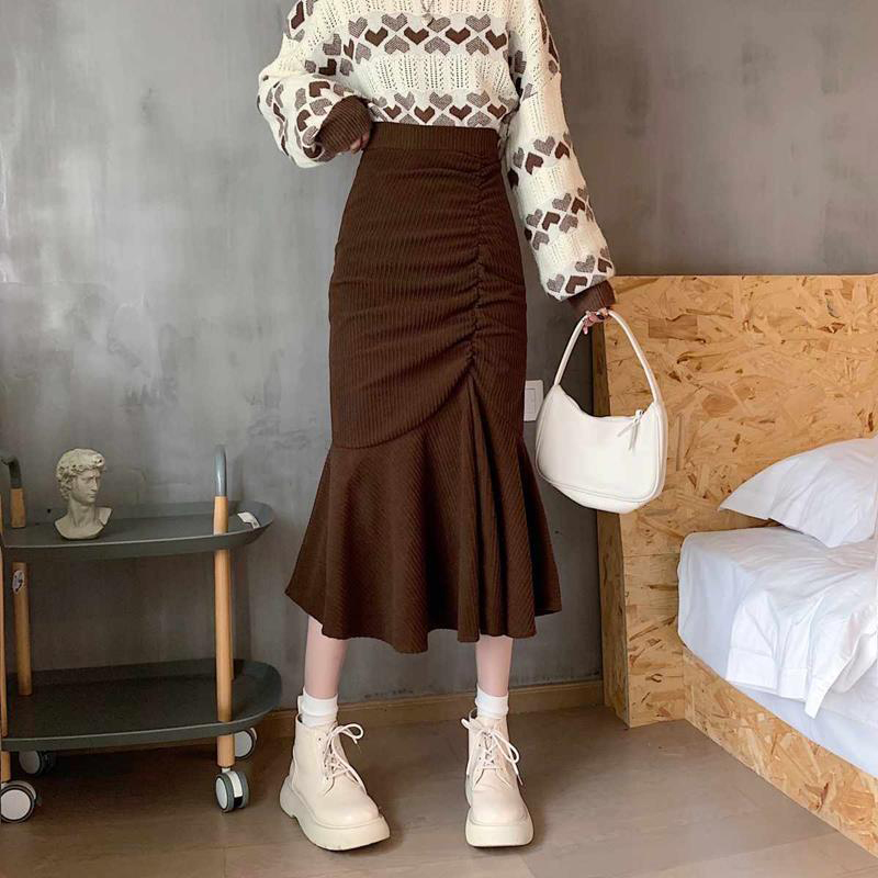 Lucyever Fashion High Waist Midi Skirts for Women Spring Slim Fit Hip Mermaid Skirt Woman Korean Ruffles Brown Skirts 2XL 220701