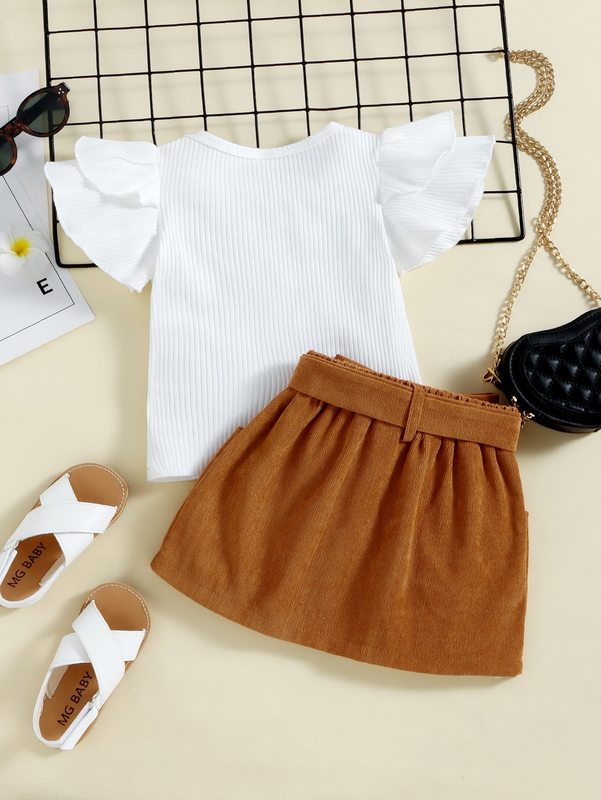 Toddler Girls Ruffle Trim Top & Belted Skirt SHE