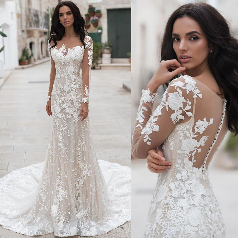 Newest Mermaid Wedding Dress O Neck Illusion Full Lace Appliques Sequined Bridal Gowns, White
Newest Mermaid Wedding Dress O Neck Illusion Full Lace Appliques Sequined Bridal Gowns, White