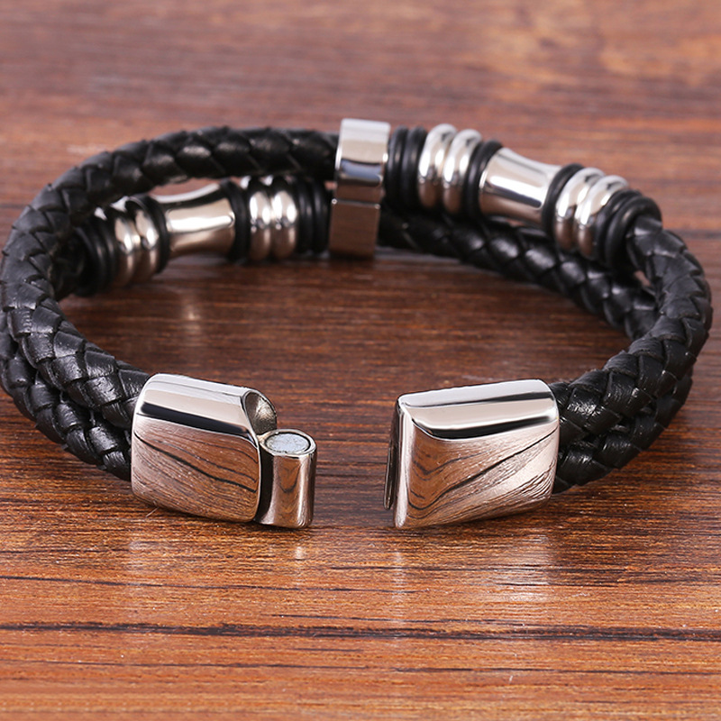 Handmade Stainless Steel Charm Bracelet Double Layer Genuine Leather Bracelets