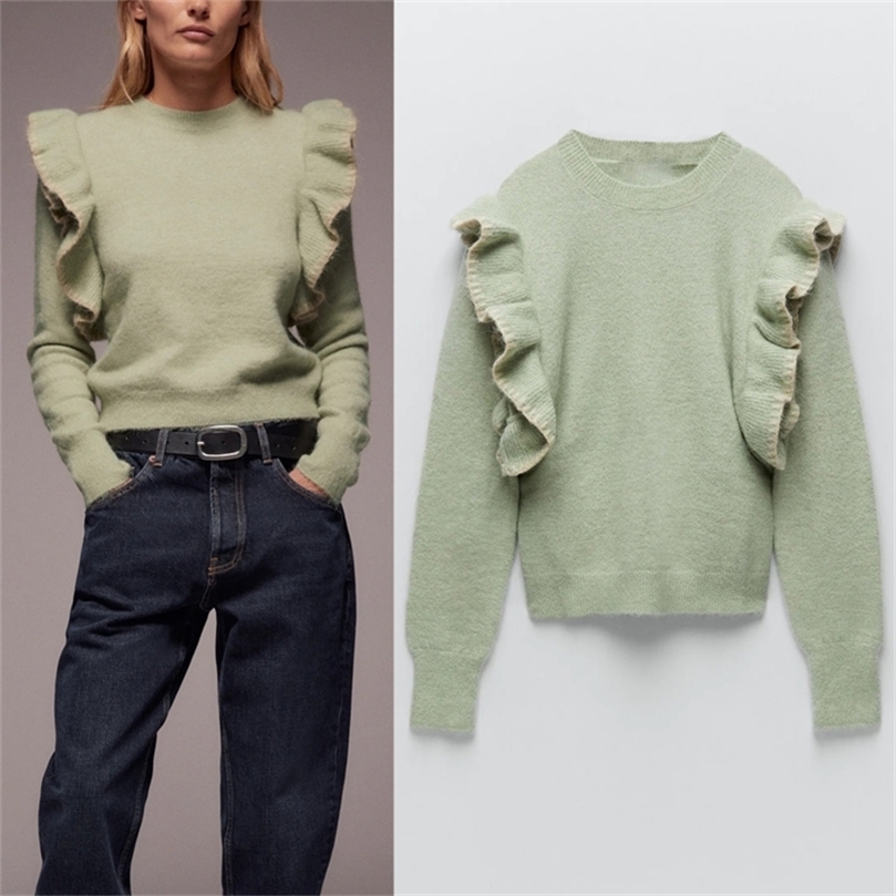 Fall Za Green Knitted Sweater Women Clothing Pullover Cropped Woman Sweaters Vintage Long Sleeve Ruffle Shoulder Ladies Top 201223