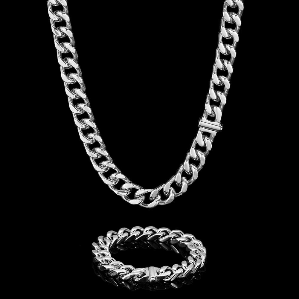 Hip Hop Cuban Link Chain Necklace Bracelet Set Heavy 18K Real Gold Plated Stainless Steel Metal Necklace for Men
