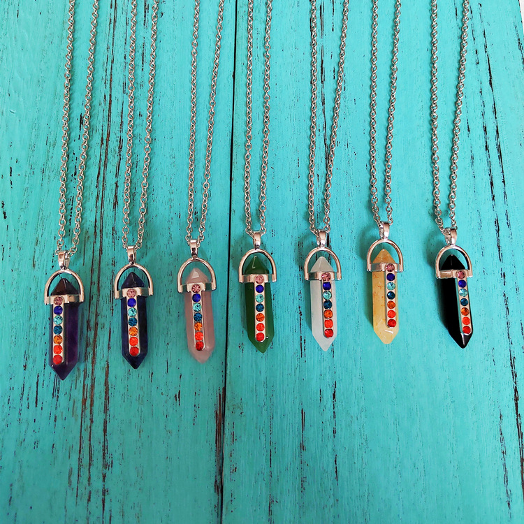 Reiki Healing Stones Necklaces 7 Chakra Colorful Natural Gemstone Hexagonal Prism Bullet Pendulum Jewelry for Women Men Gifts Crystal Rhinestone Penda