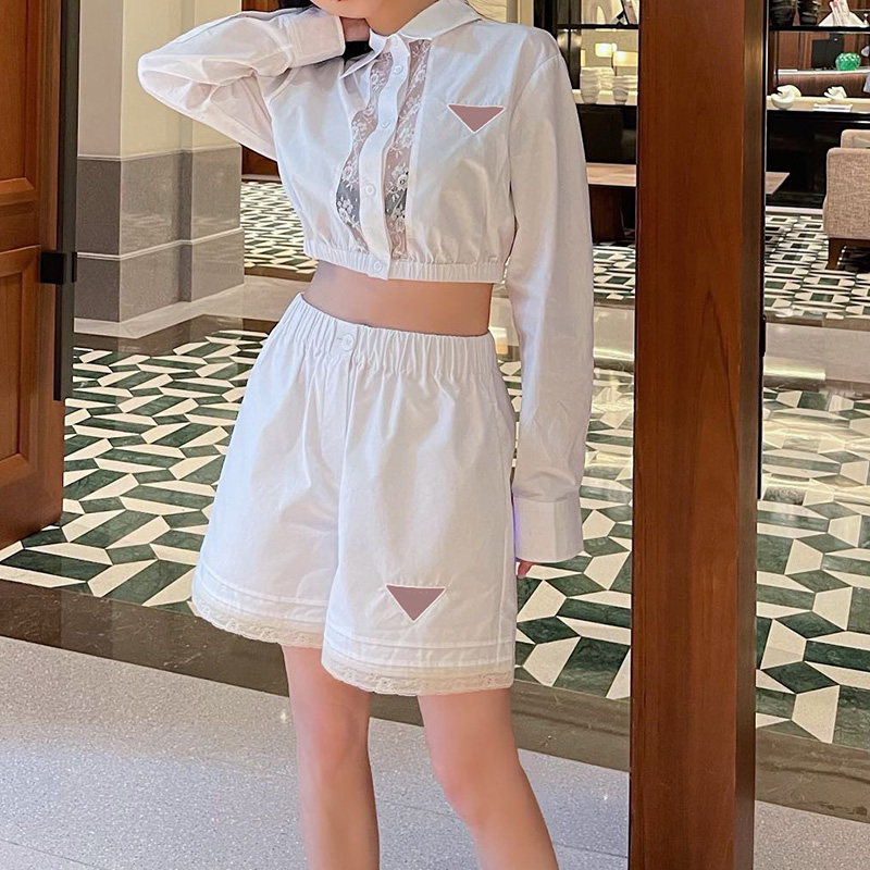 Cropped Womens Shirts Shorts Elastic Waist Short Pants Lace Design Long Sleeve Shirt, White with label
Cropped Womens Shirts Shorts Elastic Waist Short Pants Lace Design Long Sleeve Shirt, White with label