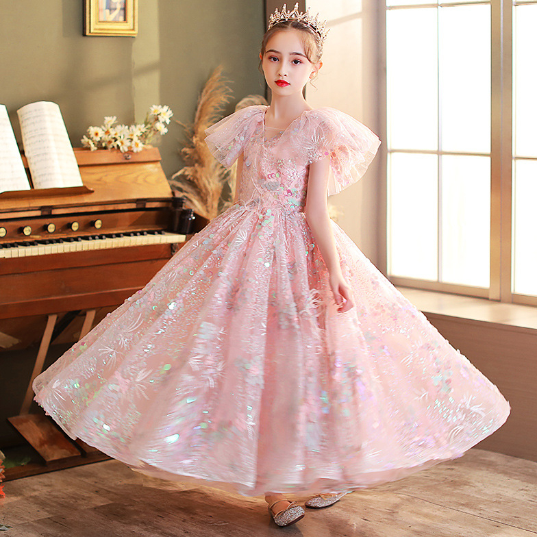 Bling Sequin Pageant Fluffy pink sequined Ruched Flower Girl Dress Ball Gowns Party Dresses for Girls First Holy Communion gown