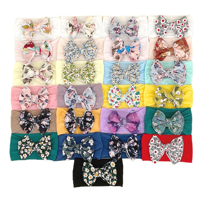 Baby Girls Florals Bowknot Headband Kids Soft Nylon Elastic Hairband Children Bandanas Head Band Princess Hair Accessory 25 Colors