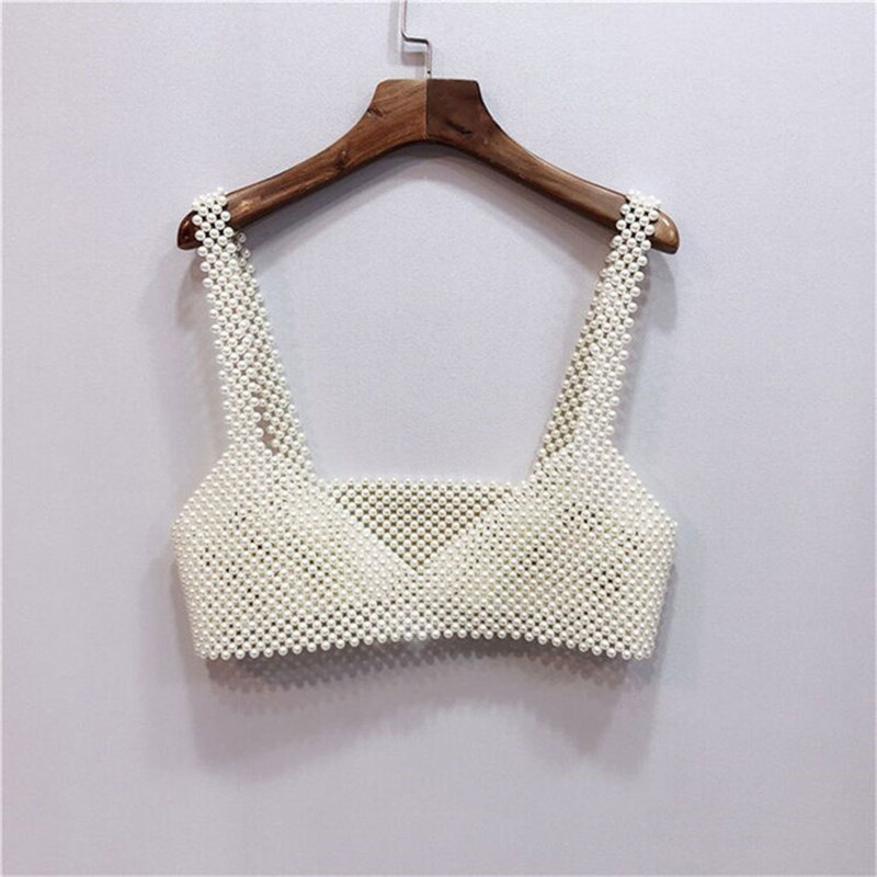 Free High Street Deep V Neck Pearl Vest Women Fashion Crop Top Ladies White Sleeveless Sexy Club Tank Blusas 220316