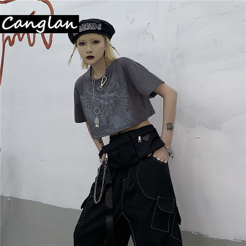 Gothic Style Crop Top T Shirt for Women Fashion Clothing Grunge Tshirt Summer Harajuku Tee Croptop Goth Emo Alt Clothes Dropship 220321