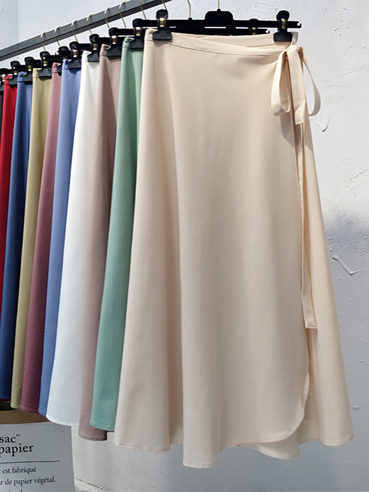 Croysier Summer Skirts Womens High Waist Side Tie Beach Casual Wrap Skirt Women Solid Elegant Midi Skirt Woman Clothes 220701