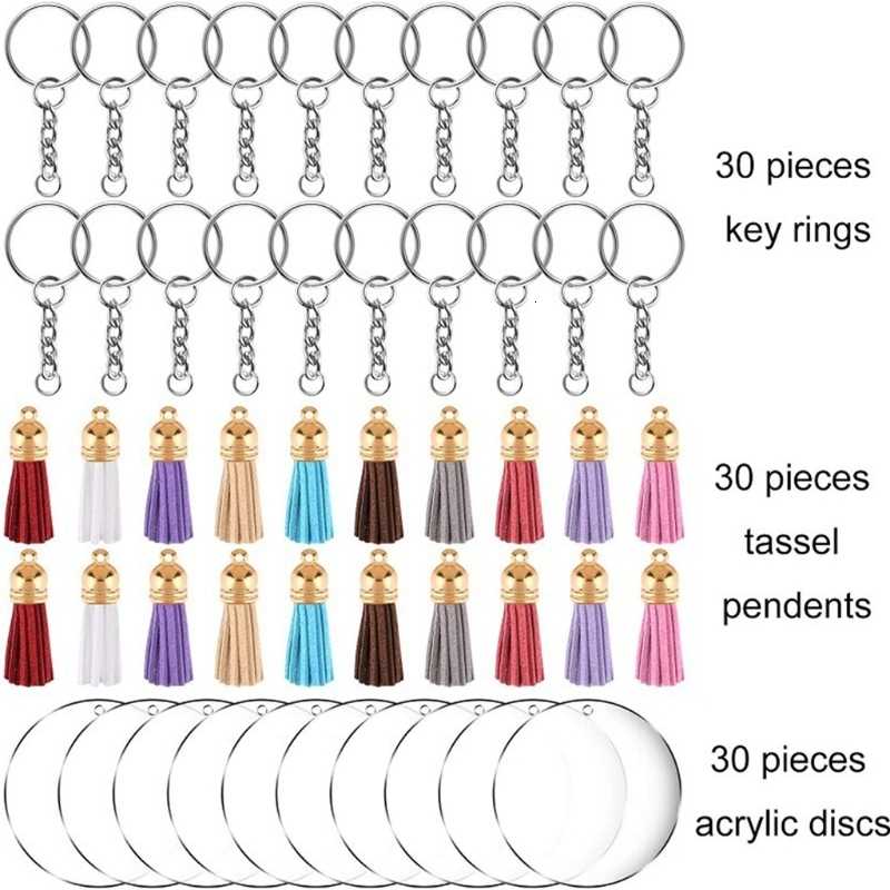 Keychains Lanyards 200 Pcs Acrylic Keychain Blanks Kit with Key Rings Jump Rings Round Clear Discs Circles Colorful Tassel Pendants for DIY 230206