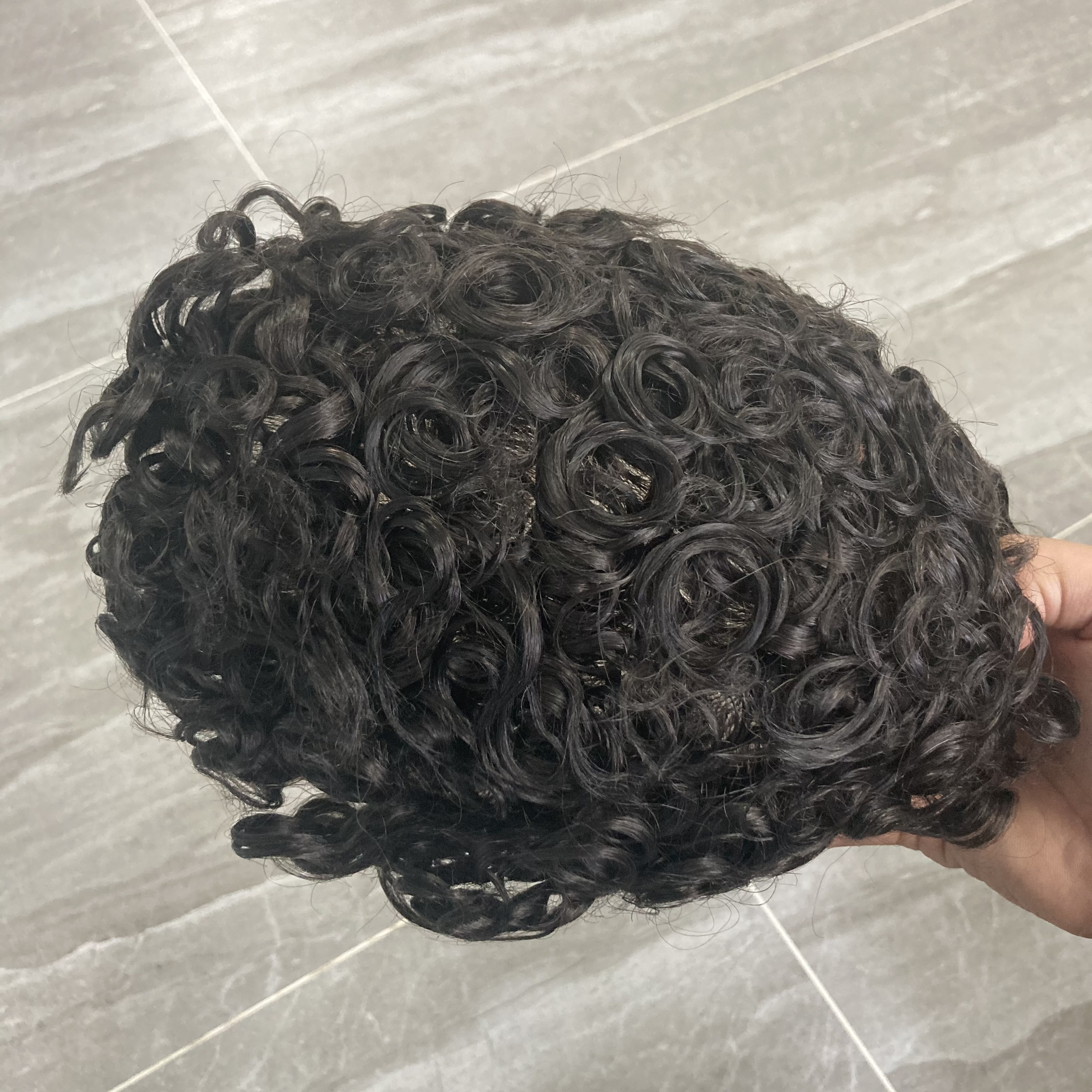 20MM Curly Durable Skin Base Brown Men's Wig Real Human Hair Toupee Replacement System #1B Color 8x10inch