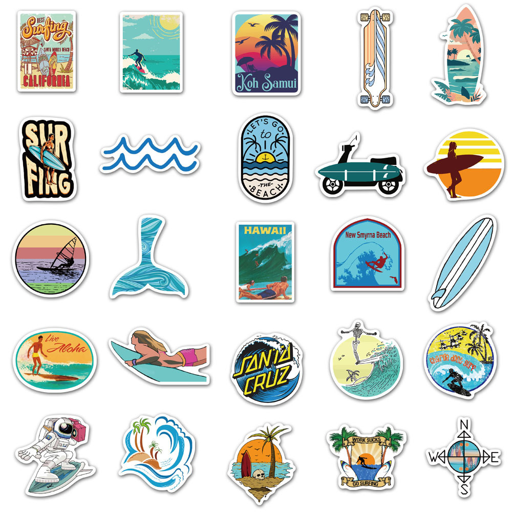 Waterproof sticker 50 PCS Cool Outdoor Surfing Stickers for Surfboard Laptop Lage Skateboard Tropical Beach Summer Sport Sticker Bomb Decals Car stick