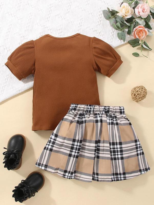 Toddler Girls Puff Sleeve Tee & Plaid Buckled Pleated Skirt SHE
