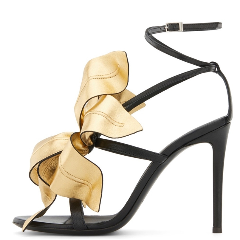 Women Black Leather Sandals Gold Flower Ankle Strap High Heel Luxury Design Party Big Size Wedding Shoes Stilettos Heels 220509