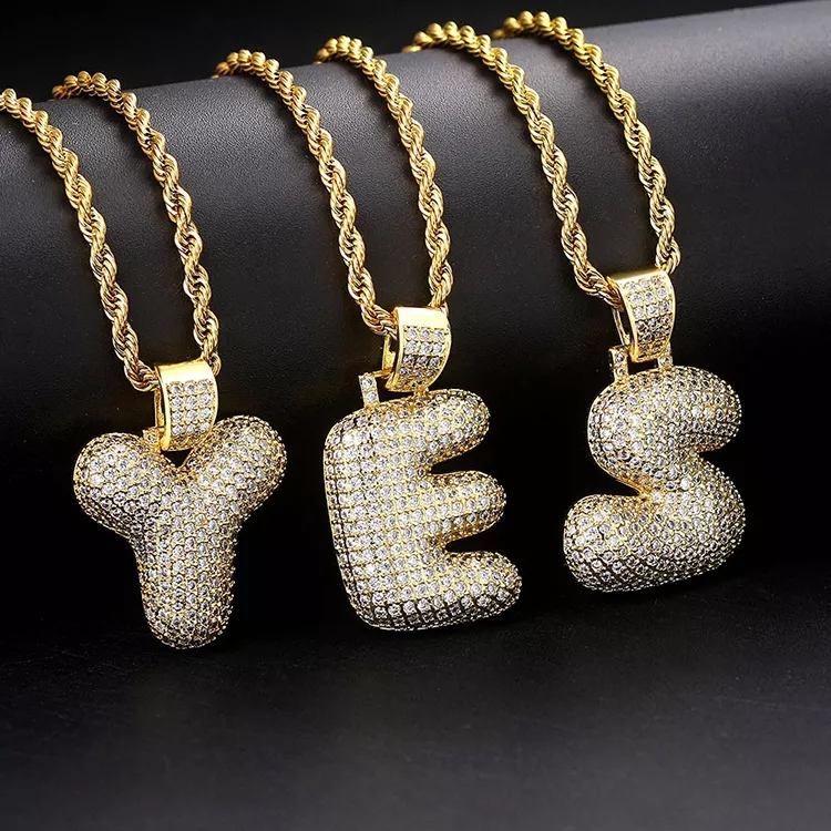 Hip Hop Cubic Zirconia A-Z 26 English Capital Letters Pendent Necklace With Stainless Steel Rope Chain 18K Real Gold Plated Diamond Letter Necklaces f
