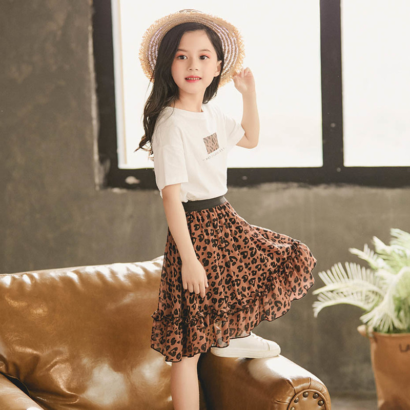 Summer Clothes For Girls Leopard Print Children's Tshirt + Skirt Teenage Costume 220507