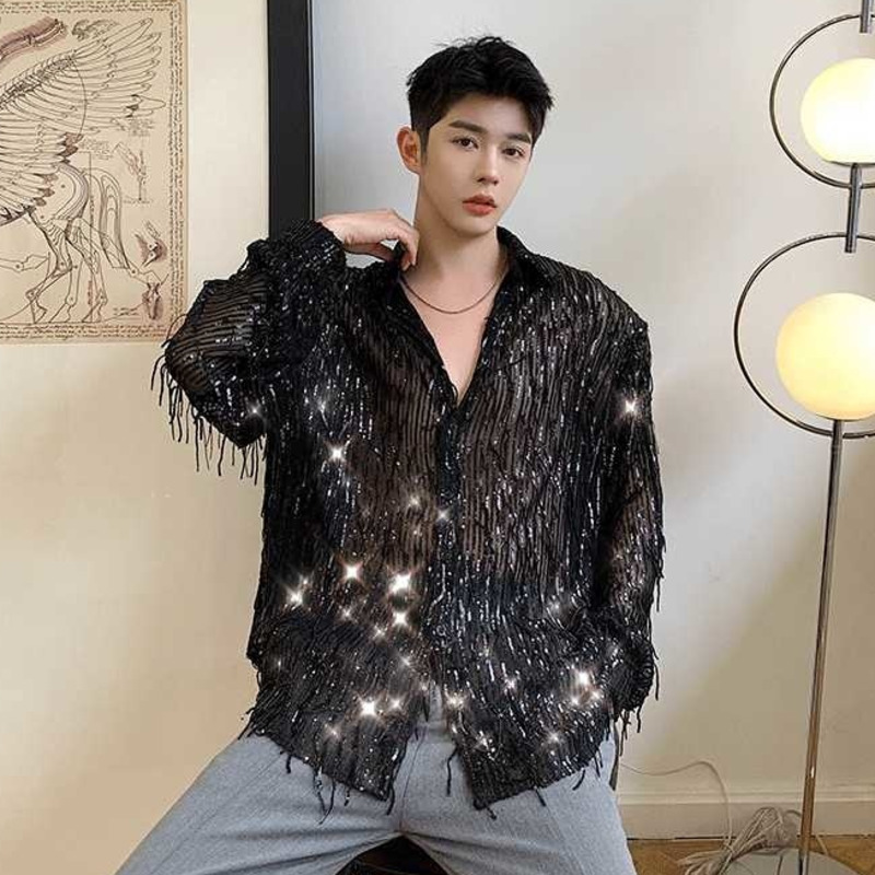 IEFB Spring Autumn Product Irregular Sequin Tassel Shirt Niche Streetwear Fashion Long Sleeve Shirts Men's Tops 9Y7232 220330