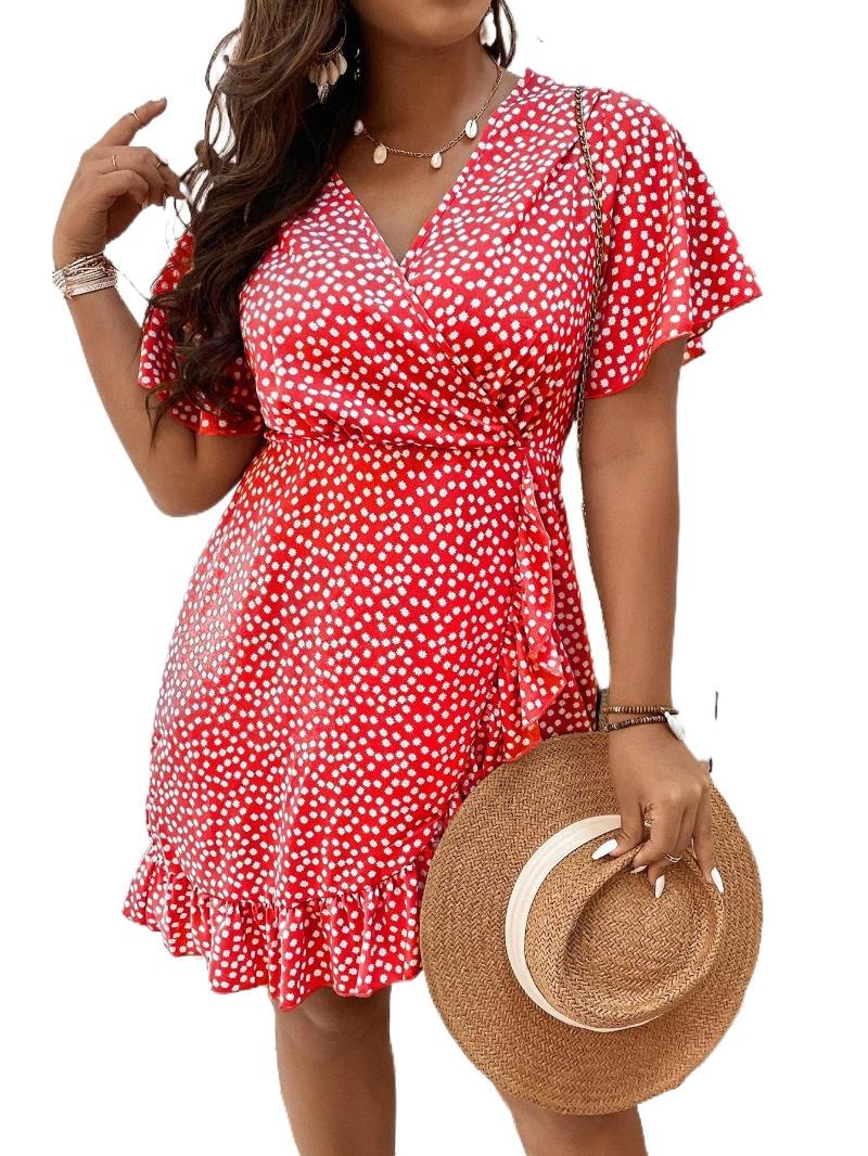 Plus Size Dresses Ditsy Floral Print Ruffle Wrap Hem Dress W2uQ#Plus, Black