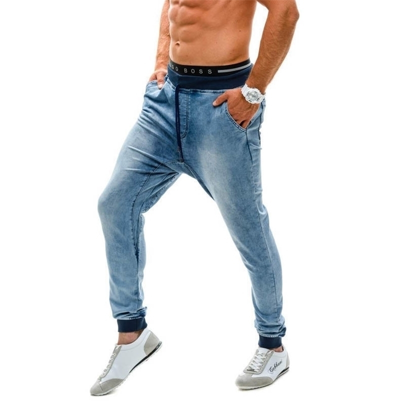 Men's Indigo Drop Crotch Denim Jogger Pants Close Button Drawstring Regular Fit Blue Denim Jeans Harem Denim Pants T200614