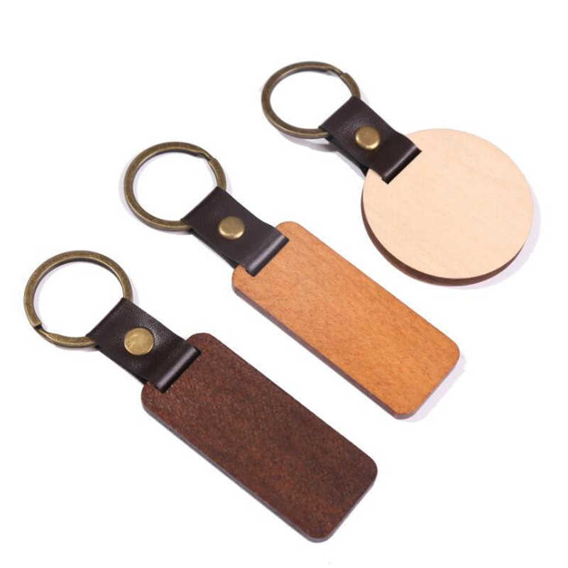 Personalize Keychains Blanks For Engraving Wooden Handmade Leather Keychain Round Rectangle Wood Luggage Decoration Key Ring