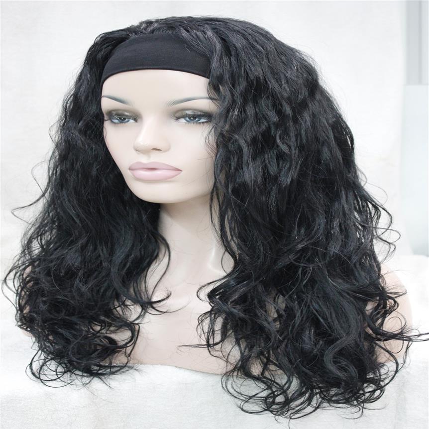 

Hivision New charming healthy fashion jet black wavy Curly 3/4 wig with headband synthetic women's half wig237W