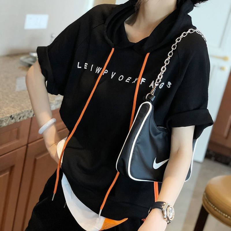 Summer Fashion Women Short Sleeve Loose T-shirt All-matched Casual Hooded Tee Shirt Femme Letter Print Tops 100% Cotton S823 220321