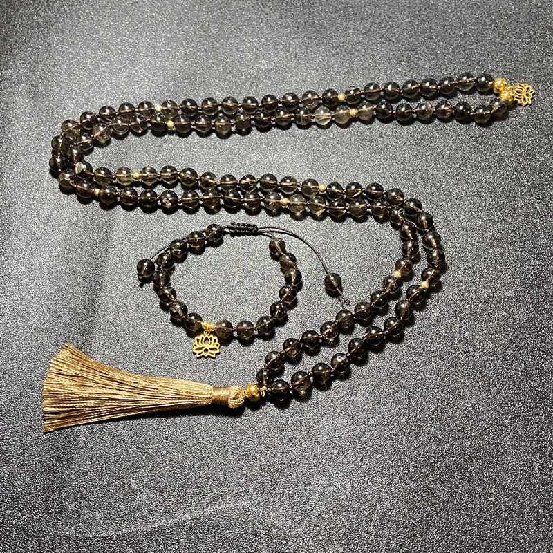 Pendant Necklaces 8mm Natural Smoky Quartz Beaded Knotted Mala Necklace Meditation Yoga Healing Jewelry Bracelet Set 108 Japamala Lotus Rosa