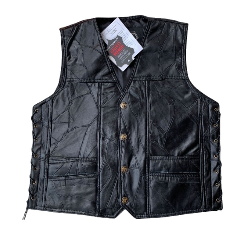 Four Seasons Sleeveless Jacket Leather Men Motorcycle Vest Embroidery Sheepskin Splicing Biker Waistcoat Male Classic Retro 220727