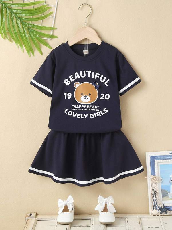 Toddler Girls Cartoon And Letter Graphic Tee & Skirt SHE