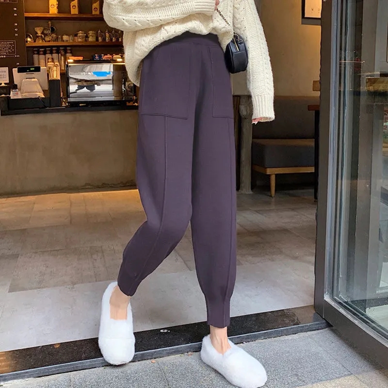 Women Autumn Winter Knitted Harem Pants Female Loose Solid Color Trousers Ladies High Waist Warm Granny Casual 220325