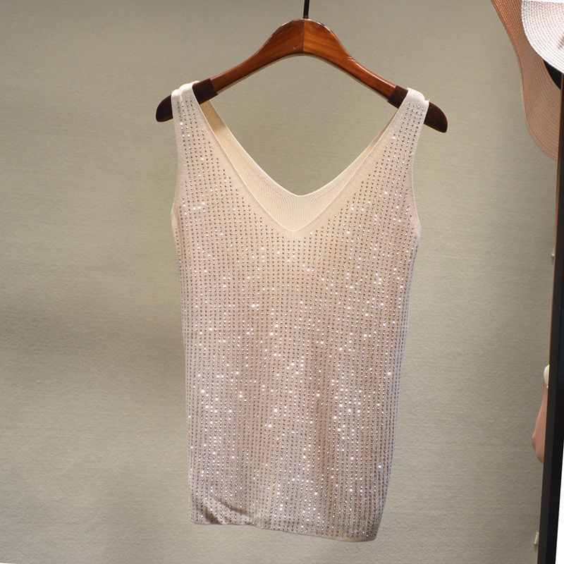 Women's Sexy Sequin Tank Tops Lace Up V-neck Jacket Basic Camis Vest Fashion Women Clothing Top Corset 220423