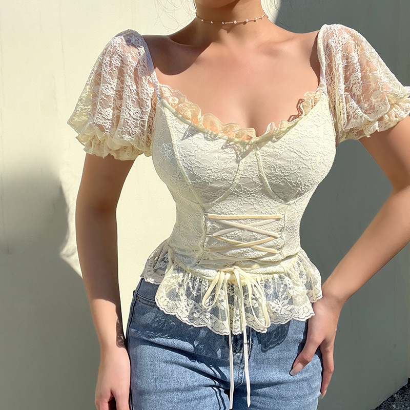 22fw Summer Knitted Bubble Sleeve Lace Tops European American Women Square Neck Fashion Sexy Short Sleeve, Light apricot
22fw Summer Knitted Bubble Sleeve Lace Tops European American Women Square Neck Fashion Sexy Short Sleeve, Light apricot