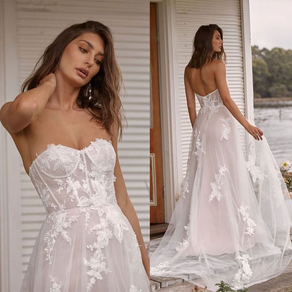 Tube Top Sheath Wedding Dresses Strapless Sleeveless Floor Length Appliques Sequins Tulle Lace Plus Size Custom Made Simple And Stylish