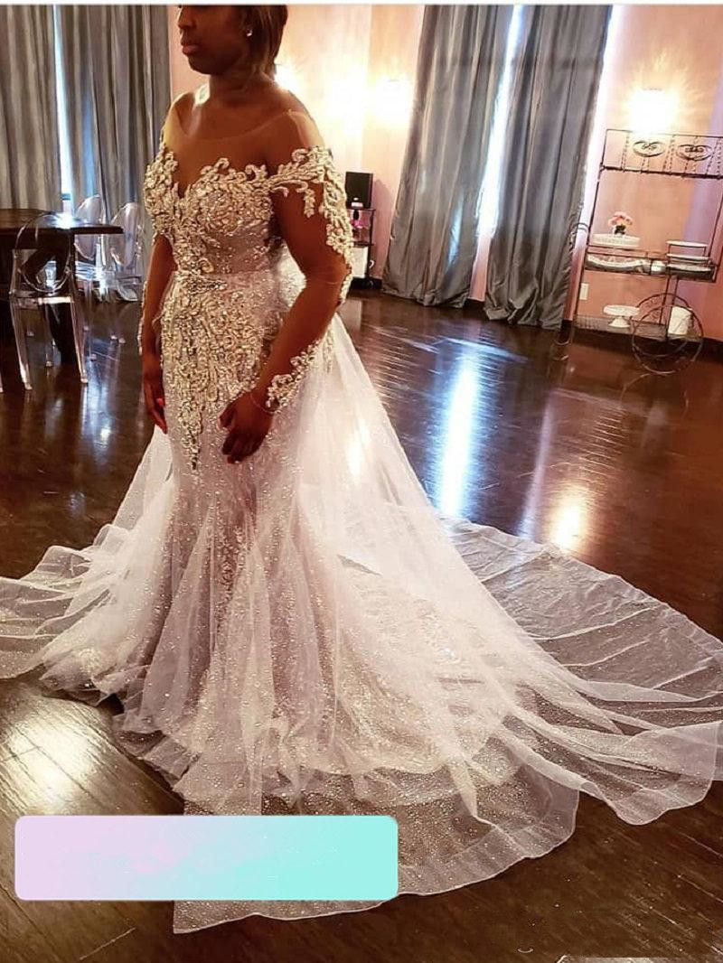 Plus Size Mermaid Wedding Dresses with Detachable Train Sparkly Crystal Illusion Long Sleeve Arabic African Aso Ebi Princess Bridal Gowns