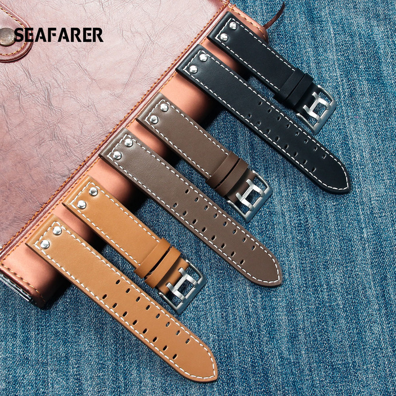 20mm22mm Double Row Hole Leather Straps for Hamilton Watch Band Rivet Mens Military Pilot Khaki Field Aviation Belts 220624